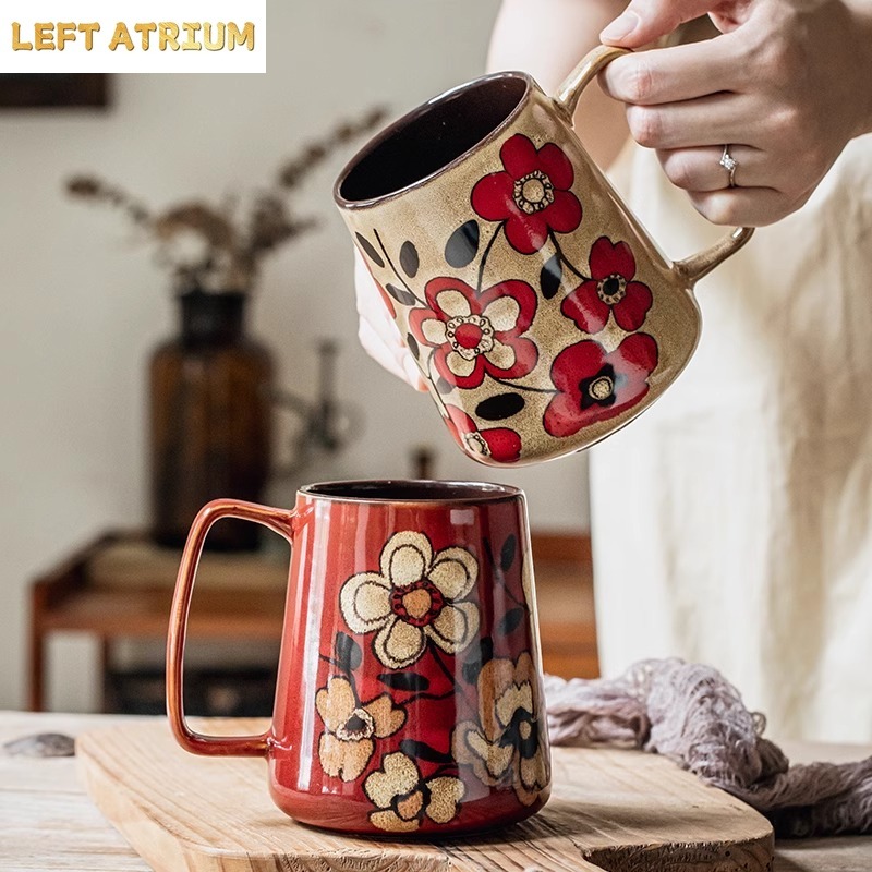 Tea Coffee Utensils - Hand Drawn Flower Ceramic Mug 700ml